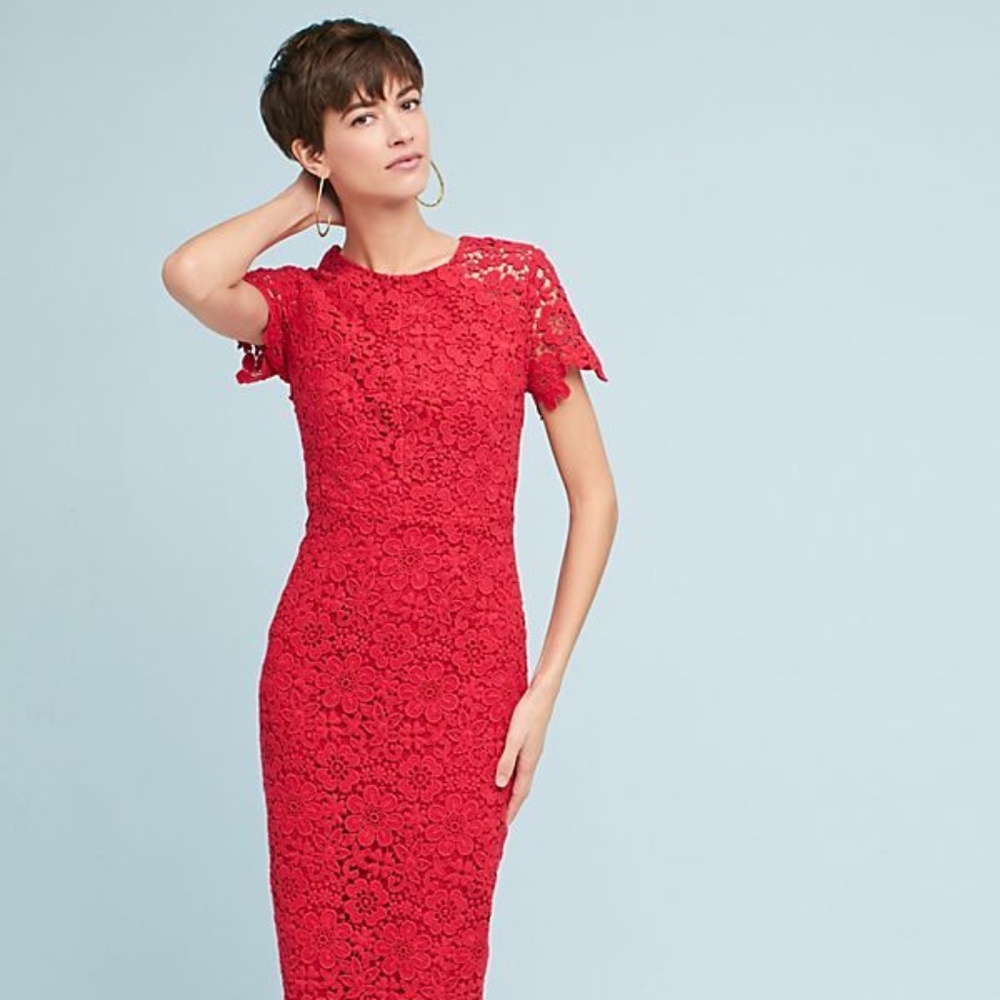 Shoshanna Guipure Red Cotton Floral Lace Short Sleeve Midi Dress Sz 4